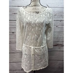 Club Z Collection White Crochet Cover Up Dress Lace Trim Tie Waist Long Sleeve L